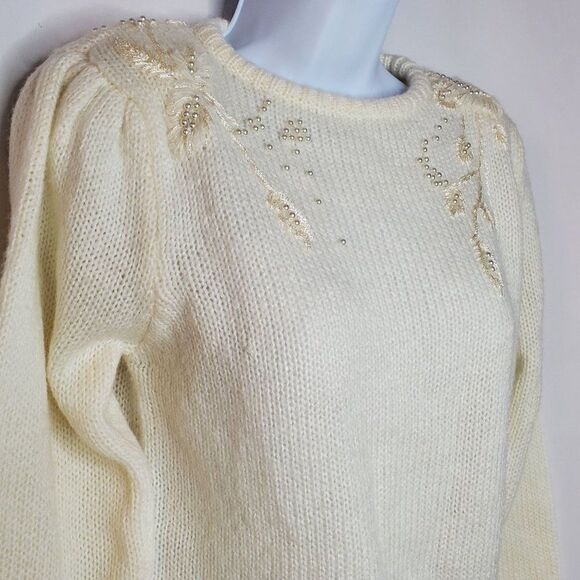 Vintage Embroidered Sweater Faux Pearl Beading Cottagecore Winter Off White Sz M - Picture 2 of 5